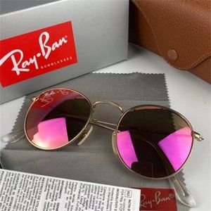 -Ray-Ban RB3447 Round Flash Lenses Pink Sunglasses